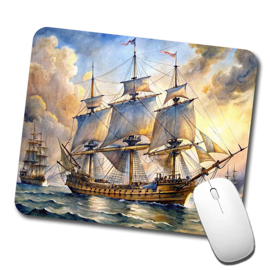 18th Century Sailing War Ship Of The Line Watercolor Low Profile Mouse Pad Mat