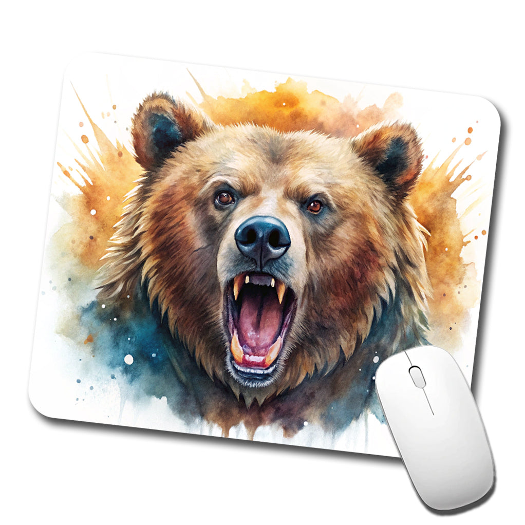 Angry Mad Grizzly Bear Watercolor Low Profile Mouse Pad Mat