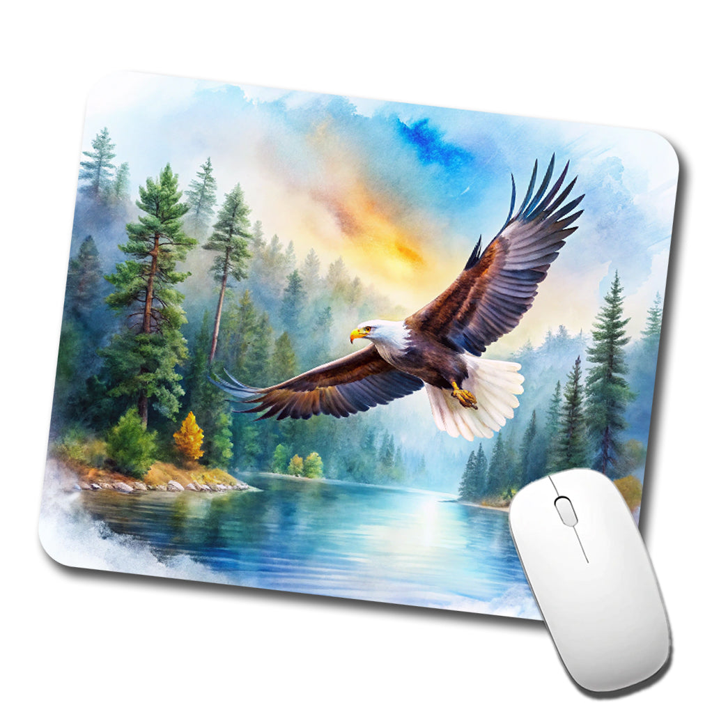 Bald Eagle Flying With Forest Lake Watercolor Low Profile Mouse Pad Mat