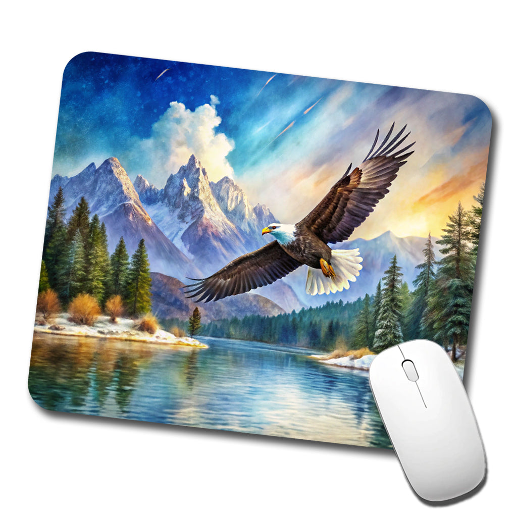 Bald Eagle Flying With Mountains Lake Watercolor Low Profile Mouse Pad Mat