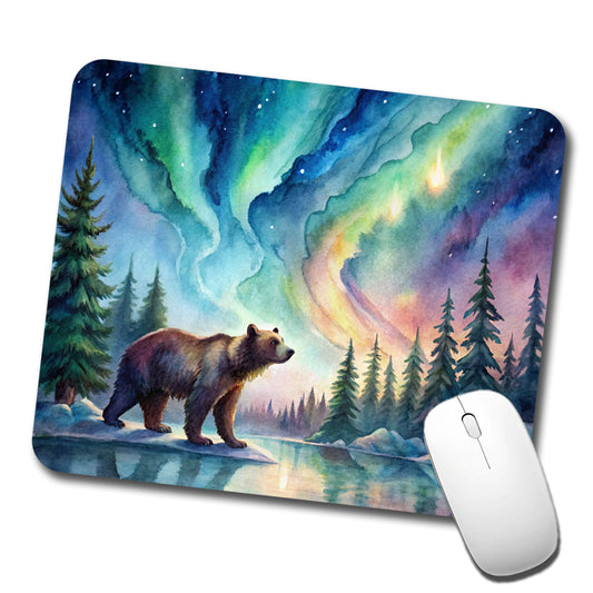Bear And Northern Lights Watercolor Low Profile Mouse Pad Mat