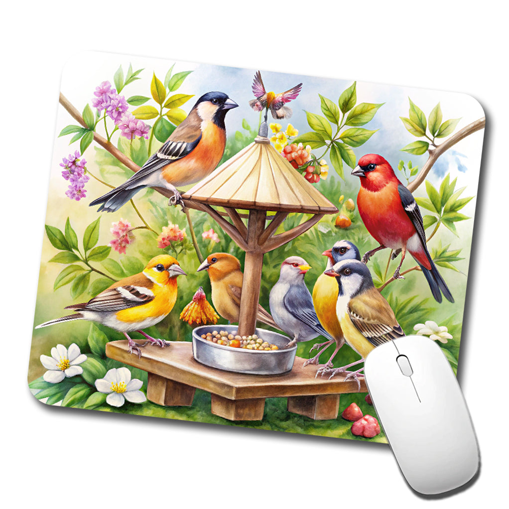 Birds At Feeder Watercolor Low Profile Mouse Pad Mat