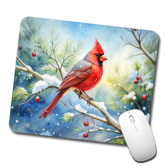 Cardinal In Snowy Tree Winter Watercolor Christmas Low Profile Mouse Pad Mat