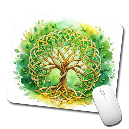 Celtic Irish Tree Of Life Knots Green And Golden Watercolor Low Profile Mouse Pad Mat