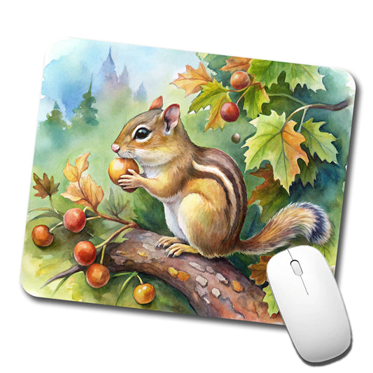 Chipmunk Eating Acorn In Tree Watercolor Low Profile Mouse Pad Mat