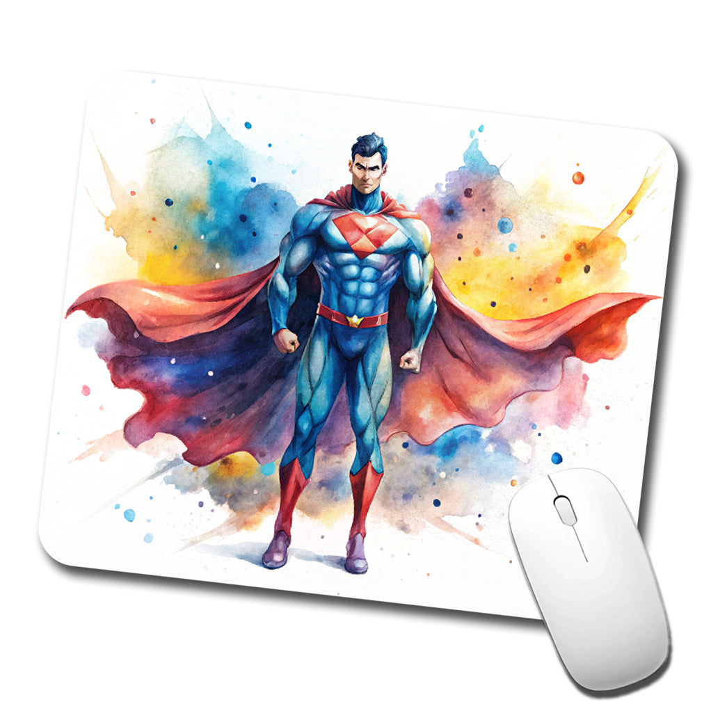 Classic Caped Superhero Watercolor Low Profile Mouse Pad Mat