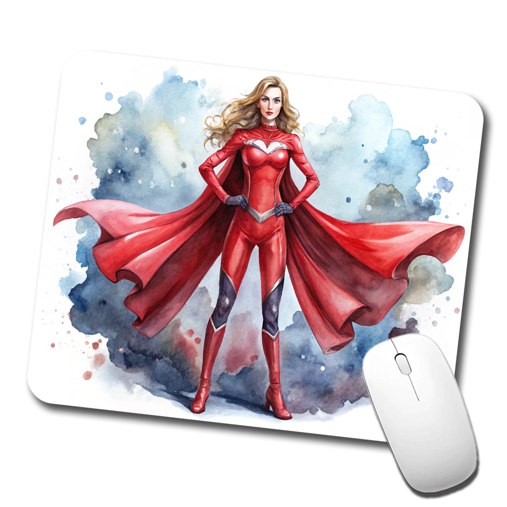Classic Female Superhero With Red Costume Watercolor Low Profile Mouse Pad Mat