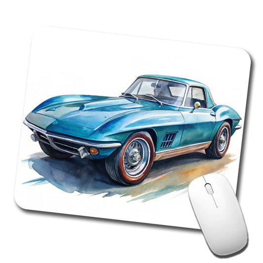 Classic Vintage Blue Sports Car Watercolor Low Profile Mouse Pad Mat