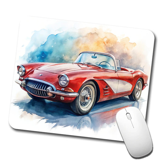 Classic Vintage Red White Sports Car Watercolor Low Profile Mouse Pad Mat