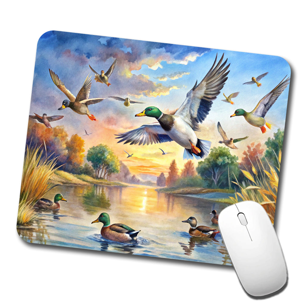 Ducks Flying At Sunrise Hunting Watercolor Low Profile Mouse Pad Mat