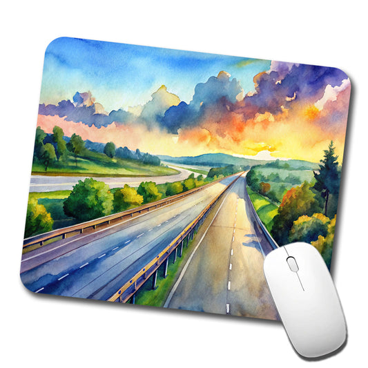 Empty Highway Stretching Into The Distance Watercolor Low Profile Mouse Pad Mat