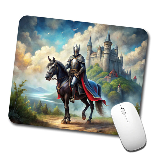Fantasy Black Knight Astride Horse Outside Castle Watercolor Low Profile Mouse Pad Mat