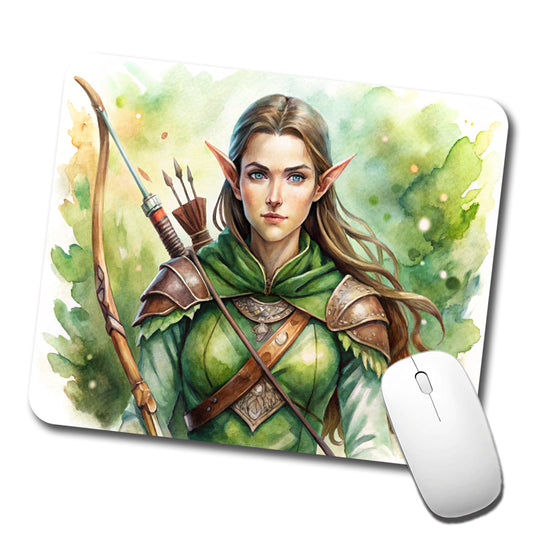 Fantasy Female Elven Ranger Watercolor Low Profile Mouse Pad Mat