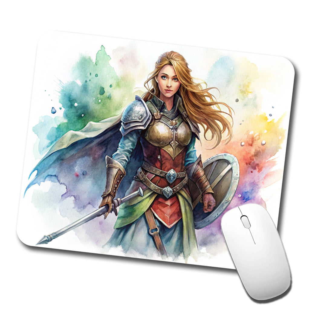 Fantasy Female Fighter Sword Shield-maiden Watercolor Low Profile Mouse Pad Mat