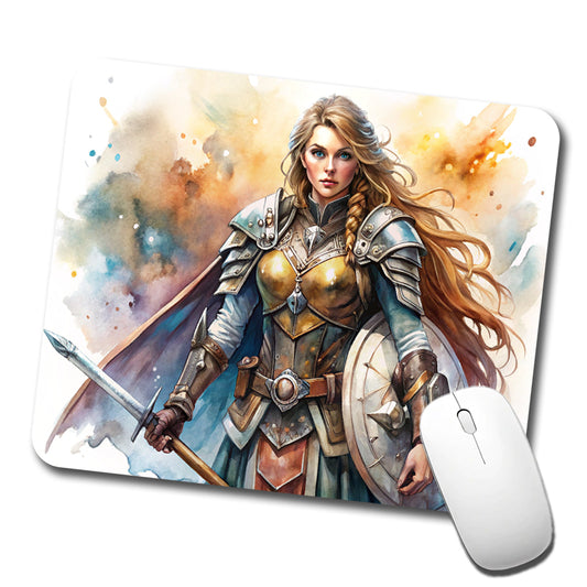 Fantasy Female Warrior Paladin Watercolor Low Profile Mouse Pad Mat