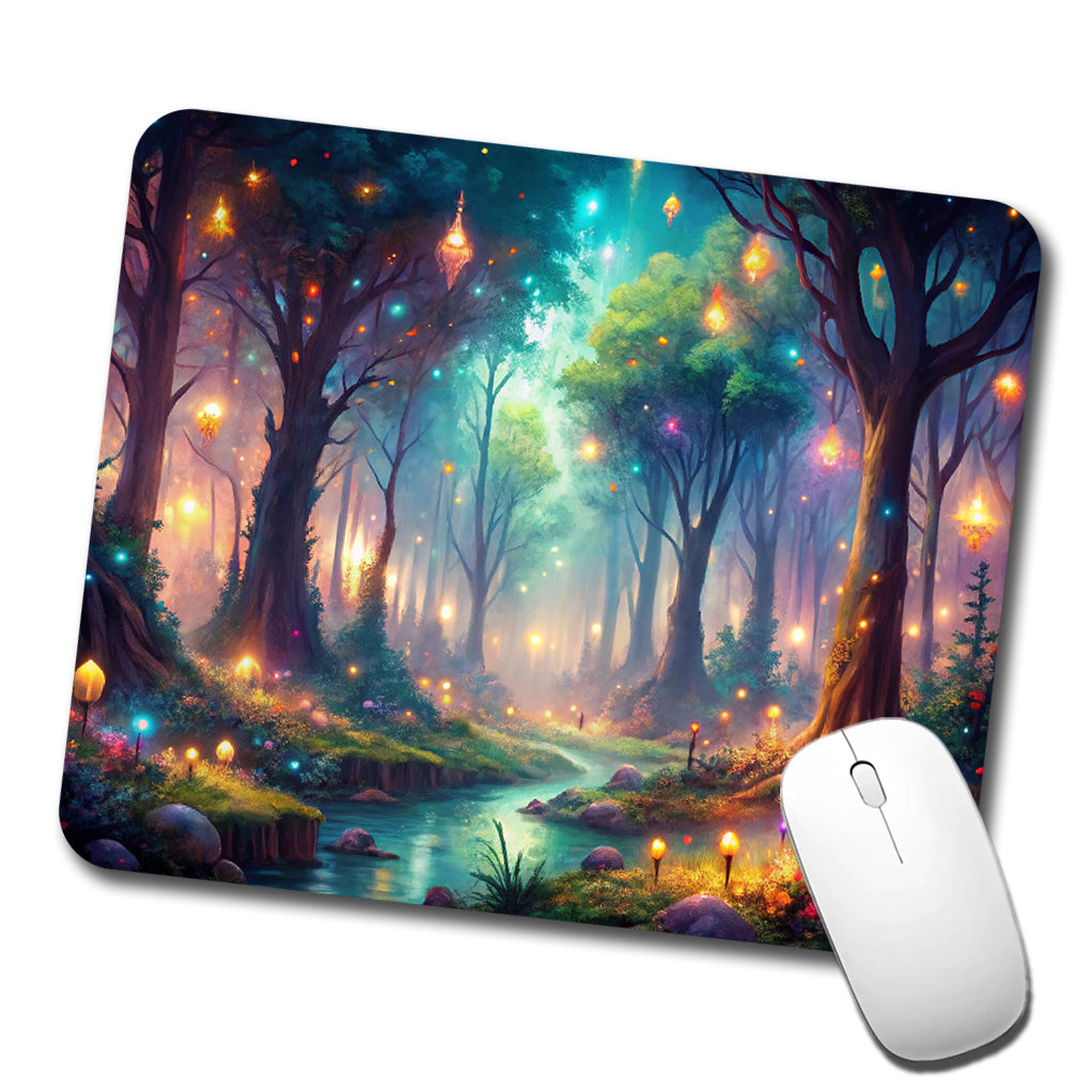 Fantasy Forest With Glowing Sprites Fae Spirits Watercolor Low Profile Mouse Pad Mat