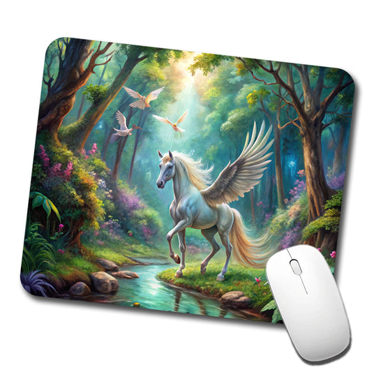 Fantasy Forest With Pegasus Winged-stallion Watercolor Low Profile Mouse Pad Mat