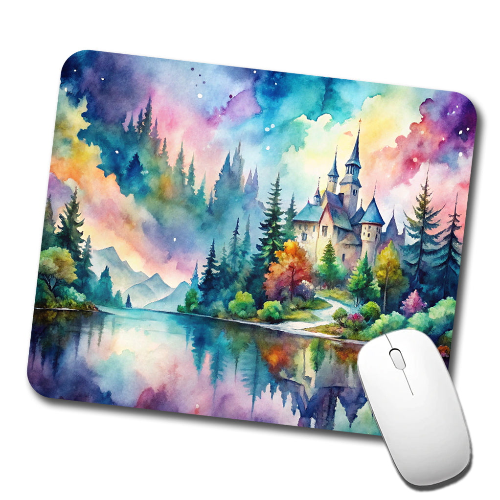 Fantasy Lake And Castle Scene Watercolor Low Profile Mouse Pad Mat