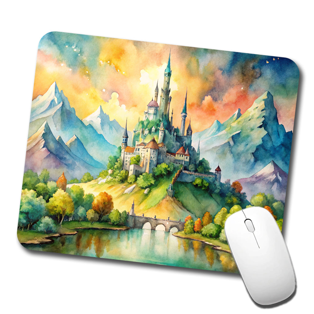 Fantasy Magical Castle On A Hill Watercolor Low Profile Mouse Pad Mat