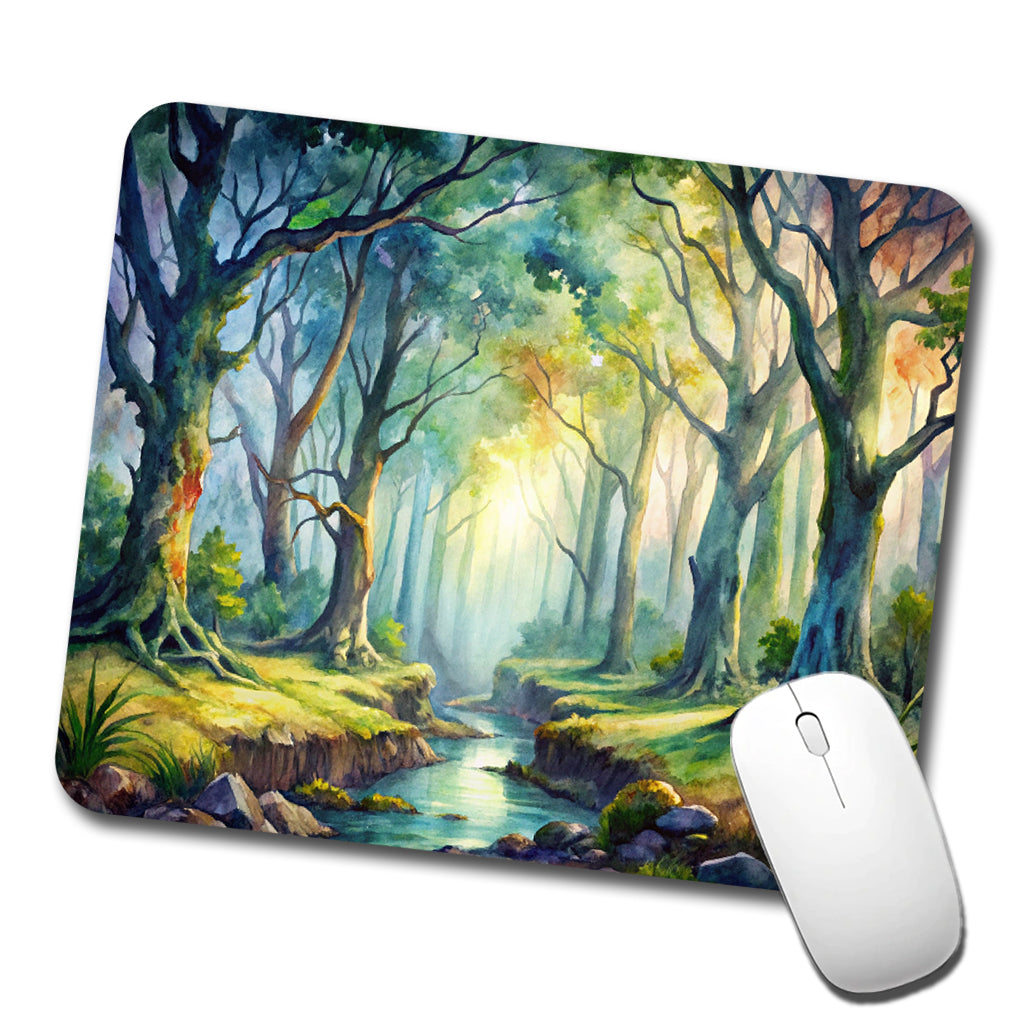 Fantasy Misty Forest Stream And Trees Watercolor Low Profile Mouse Pad Mat