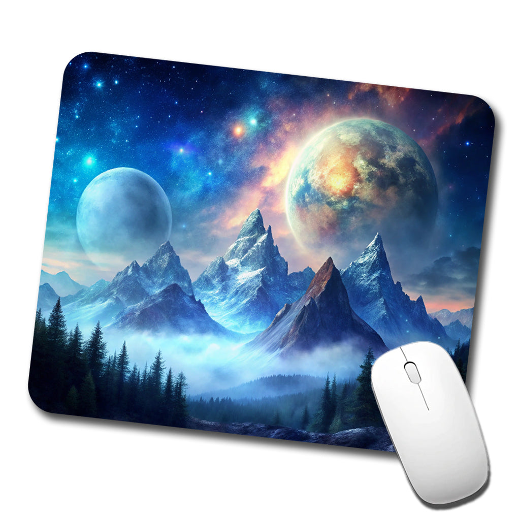 Fantasy Sci-fi World Moons Rising Over Mountains Watercolor Low Profile Mouse Pad Mat