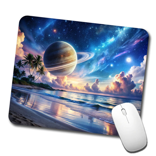 Fantasy Sci-fi World Saturn Rising Over Beach Low Profile Mouse Pad Mat