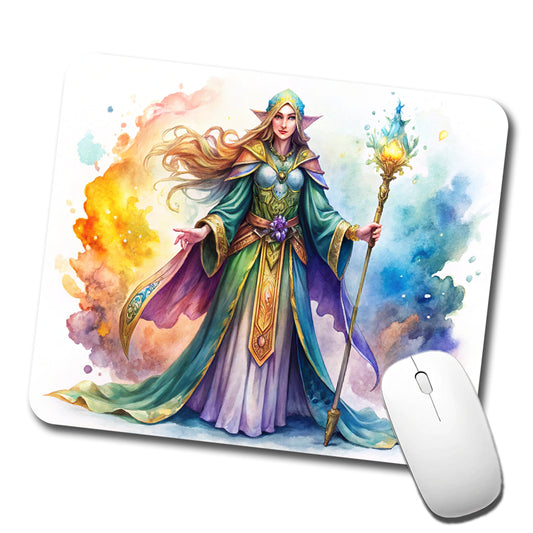 Fantasy Sorceress Colorful Magic Mana Watercolor Low Profile Mouse Pad Mat