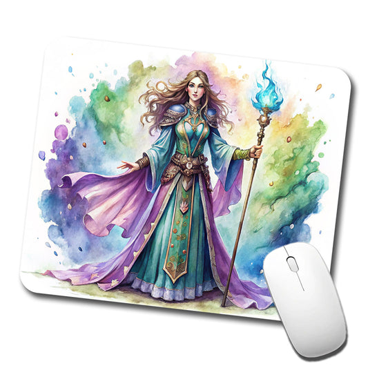 Fantasy Sorceress Purple Blue Magic Mana Watercolor Low Profile Mouse Pad Mat