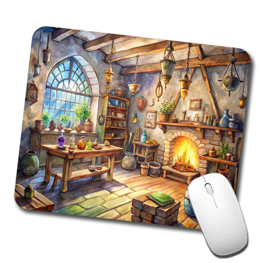 Fantasy Wizard's Sorcerer's Workshop Watercolor Low Profile Mouse Pad Mat