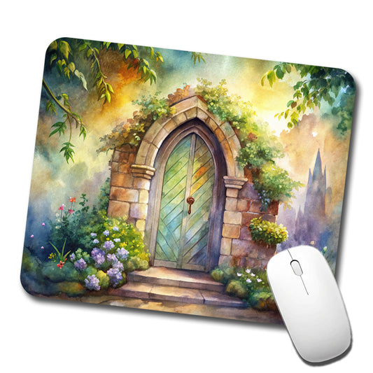 Fantasy World Doorway Fairy Gnome Elven Watercolor Low Profile Mouse Pad Mat