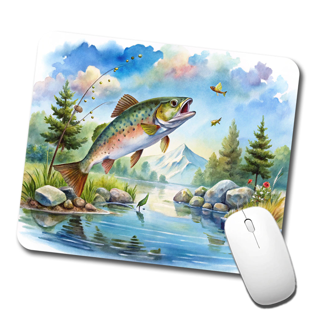 Fish Jumping Stream Lake Fishing Watercolor Low Profile Mouse Pad Mat
