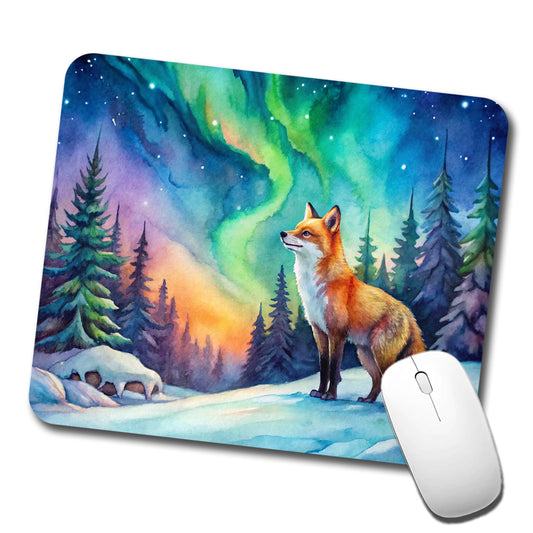 Fox And Northern Lights Watercolor Low Profile Mouse Pad Mat