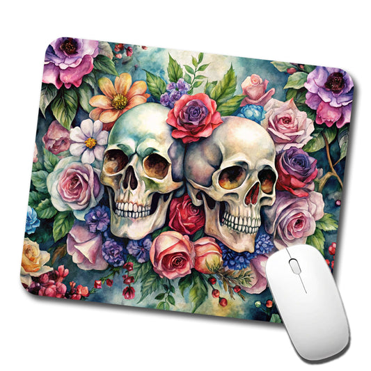Gothic Skulls And Flowers Watercolor Low Profile Mouse Pad Mat