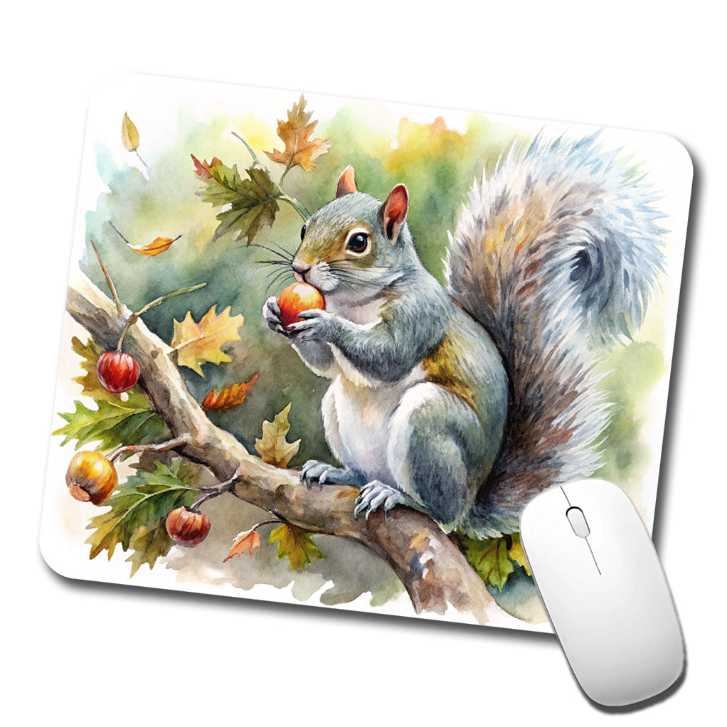 Gray Squirrel Eating Acorn In Tree Watercolor Low Profile Mouse Pad Mat