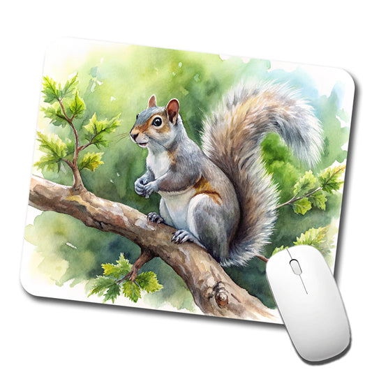 Gray Squirrel In Tree Watercolor Low Profile Mouse Pad Mat