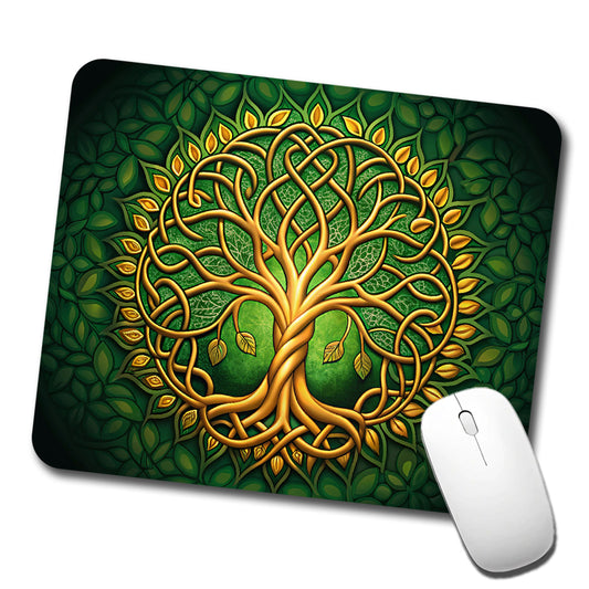 Irish Celtic Knot Tree Of Life Green And Golden Low Profile Mouse Pad Mat