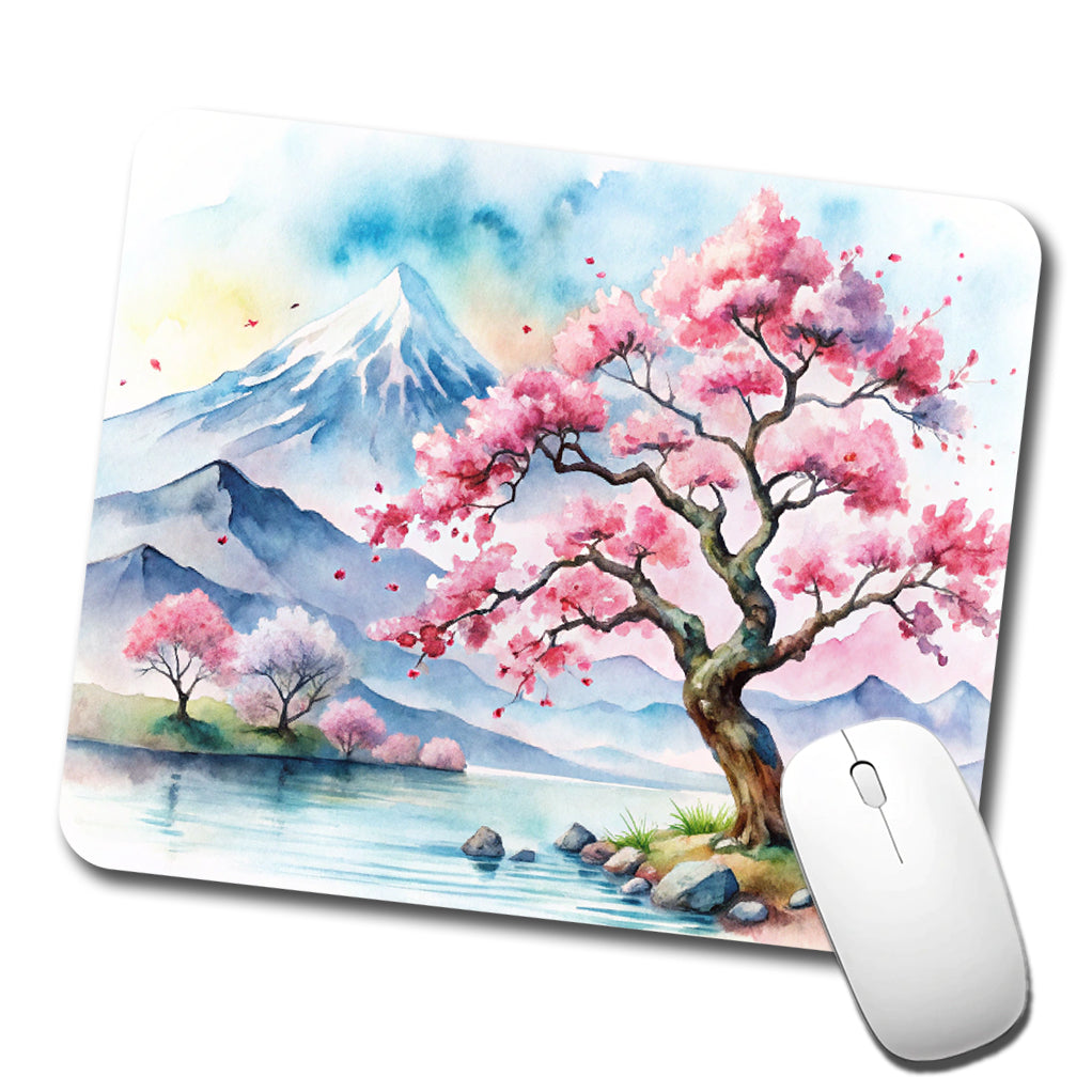 Japanese Cherry Blossom Tree Scene Watercolor Low Profile Mouse Pad Mat