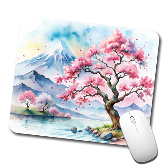 Japanese Cherry Blossom Tree Scene Watercolor Low Profile Mouse Pad Mat