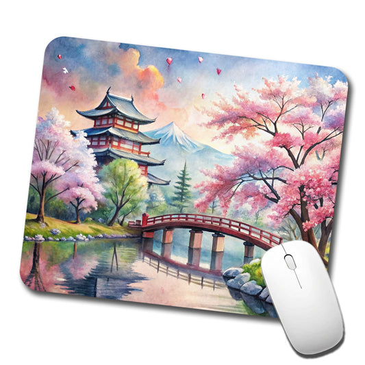 Japanese Scene With Bridge And Cherry Blossom Trees Watercolor Low Profile Mouse Pad Mat