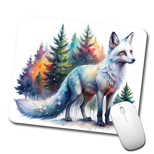 Kitsune White Fox Asian Japanese In Forest Watercolor Low Profile Mouse Pad Mat