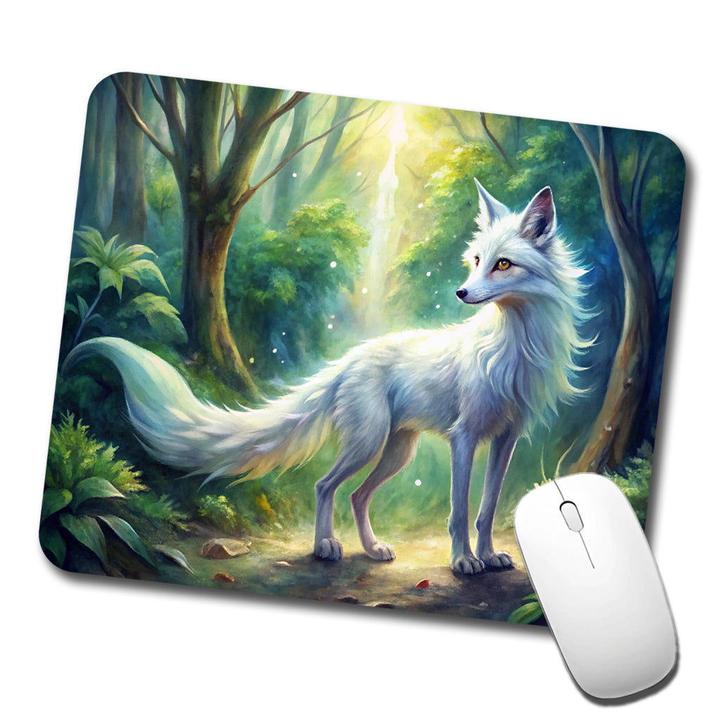 Kitsune White Fox Fantasy Japanese In Forest Watercolor Low Profile Mouse Pad Mat