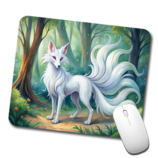 Kitsune White Fox With Many Tails Japanese Spirit Animal Watercolor Low Profile Mouse Pad Mat