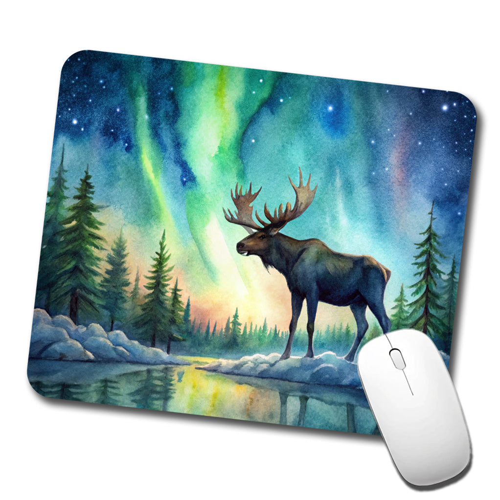 Moose And Northern Lights Watercolor Low Profile Mouse Pad Mat