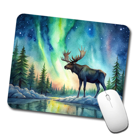 Moose And Northern Lights Watercolor Low Profile Mouse Pad Mat