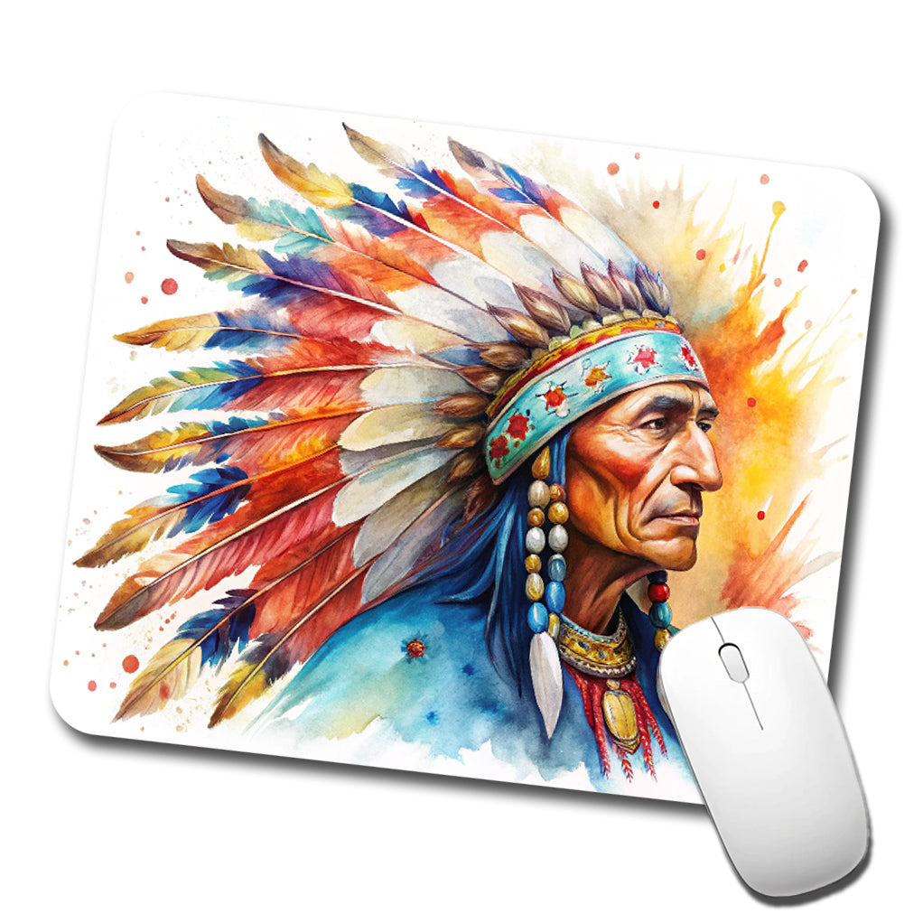 Native American Indian Chief Feather Headdress Watercolor Low Profile Mouse Pad Mat