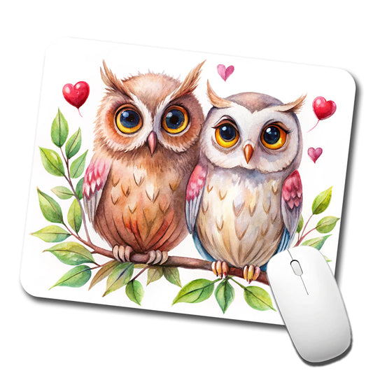 Owls In Love On Branch Hearts Valentine's Day Low Profile Mouse Pad Mat