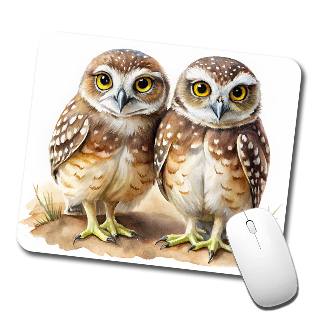 Pair Of Burrowing Owls Bird Watercolor Low Profile Mouse Pad Mat