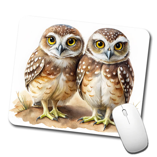 Pair Of Burrowing Owls Bird Watercolor Low Profile Mouse Pad Mat