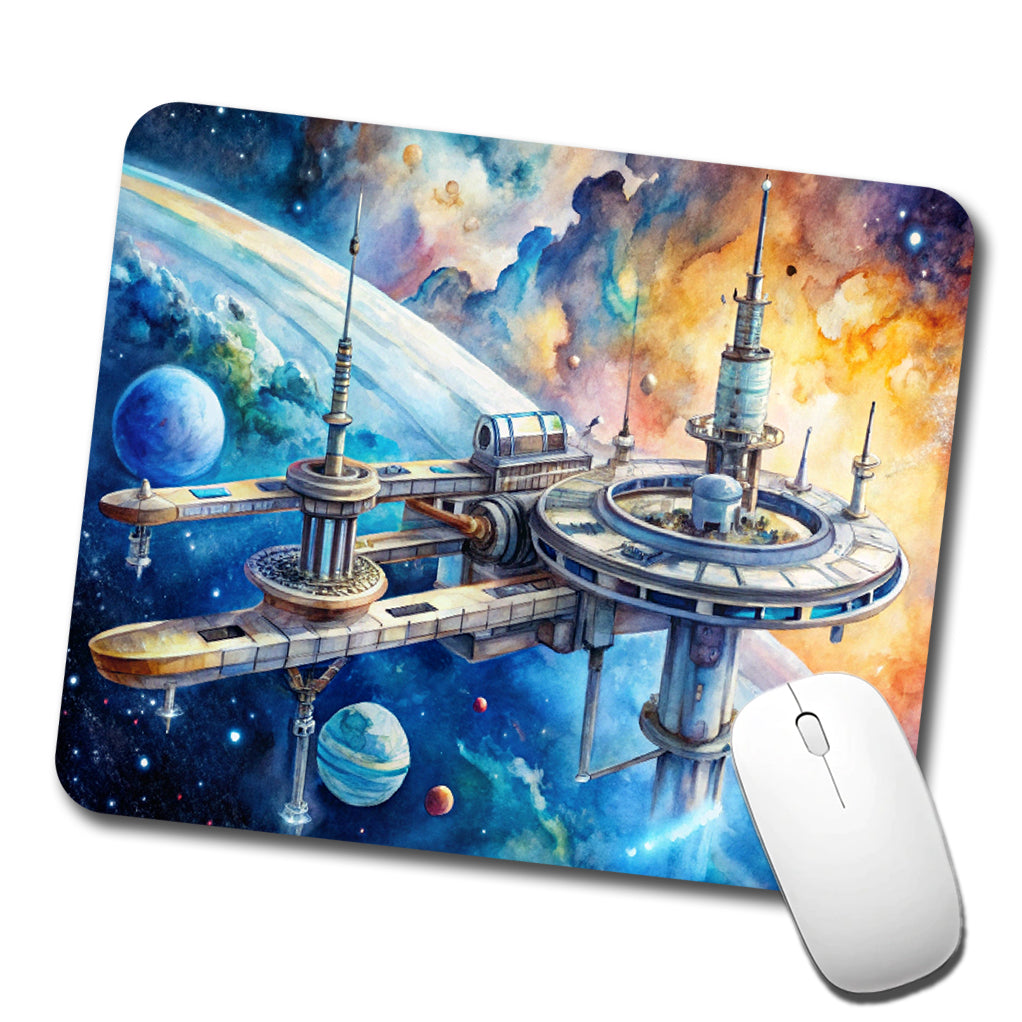 Sci-fi Space Station In Orbit Watercolor Low Profile Mouse Pad Mat