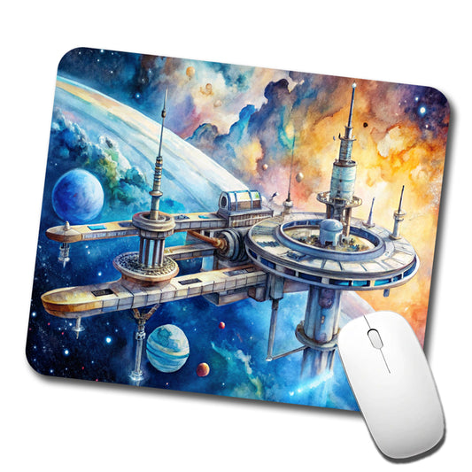 Sci-fi Space Station In Orbit Watercolor Low Profile Mouse Pad Mat
